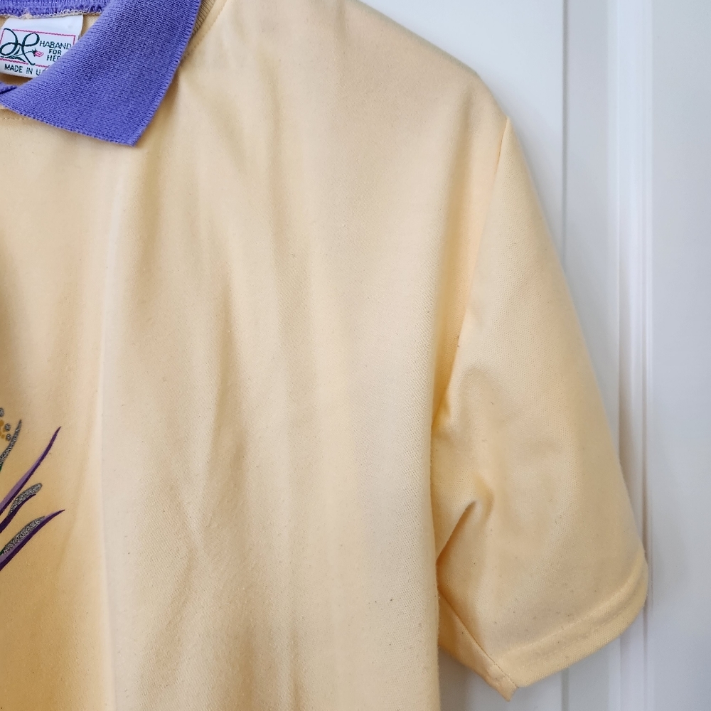 Vintage Haband For Her 80s 90 Granny Yellow Top Purple Collar Short Sleeve Large - Picture 5 of 17